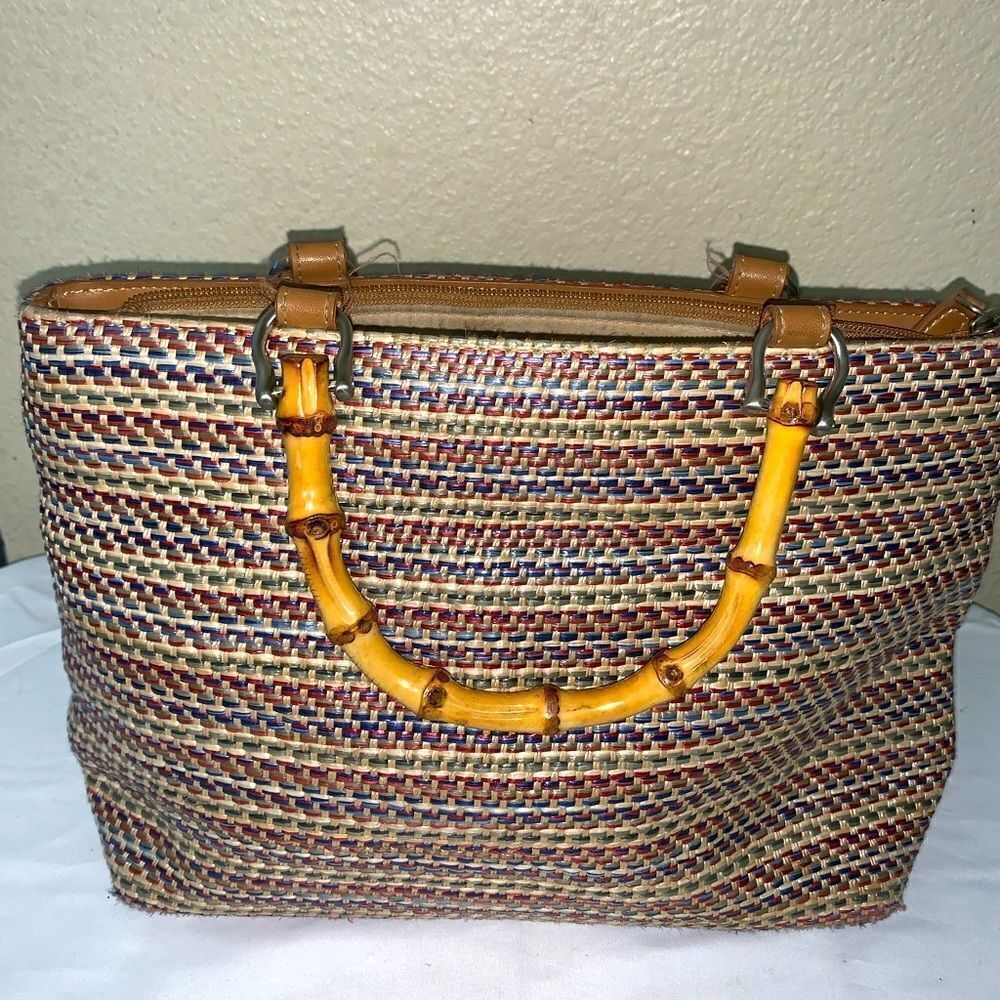 Relic woven multi color hand bag with bamboo handles